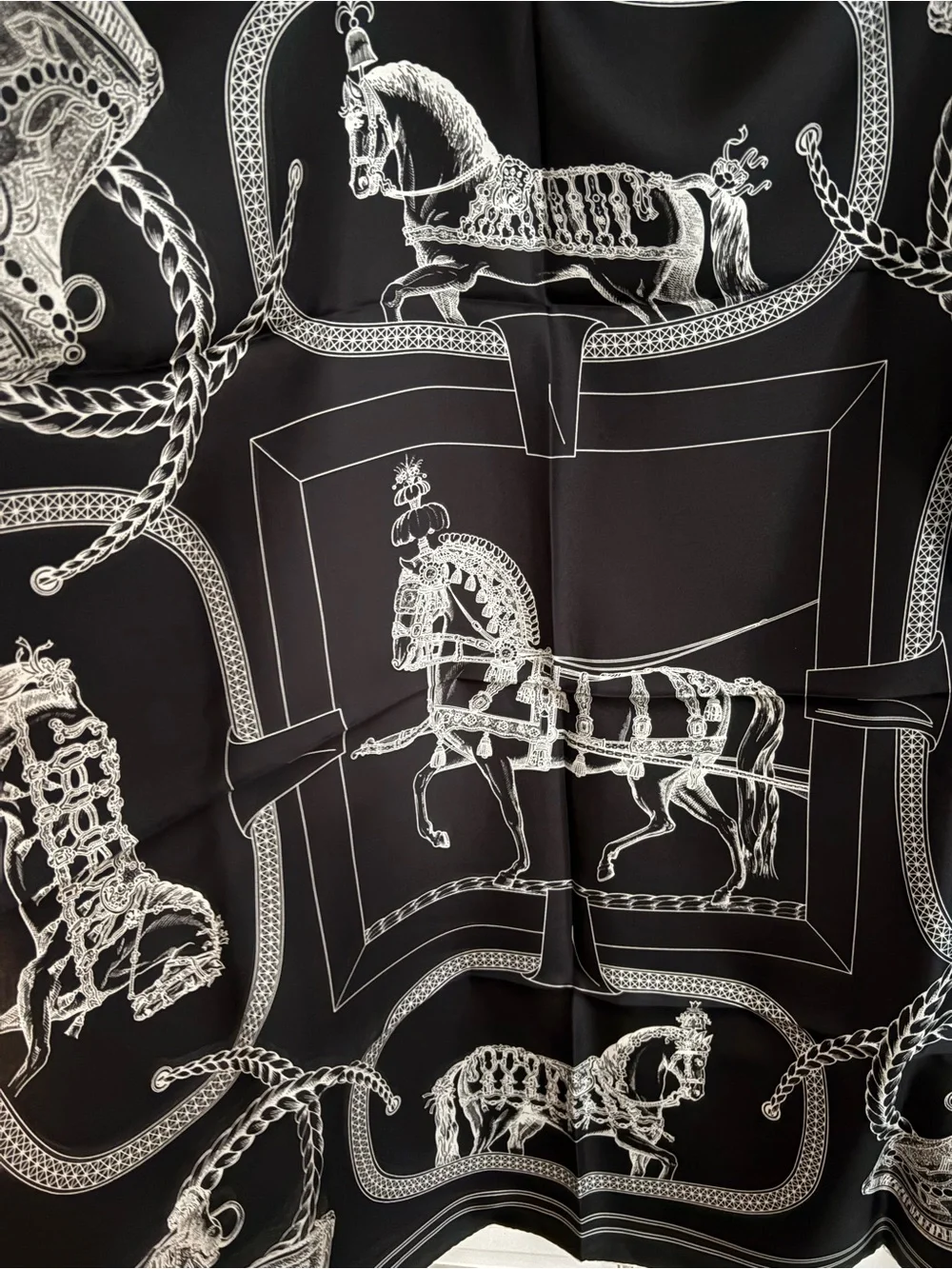 Black & White Equestrian Print Silk-Feel Scarf